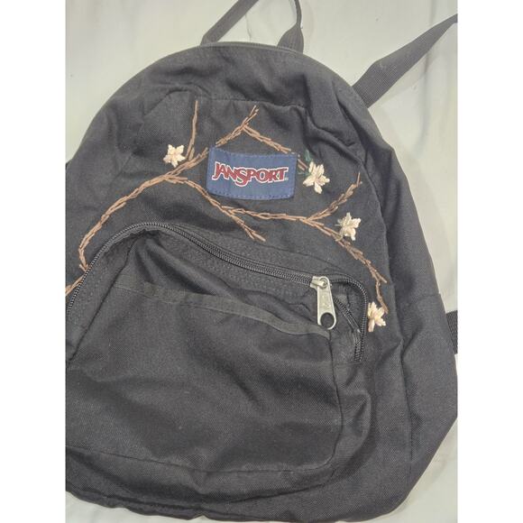 JanSport Half Pint Mini Backpack Day Bag Travel Black Back School Embroid Flower - Picture 6 of 8
